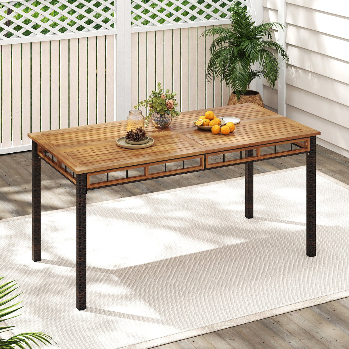 Mesa de comedor de exterior de 63" con tablero de listones de madera de acacia