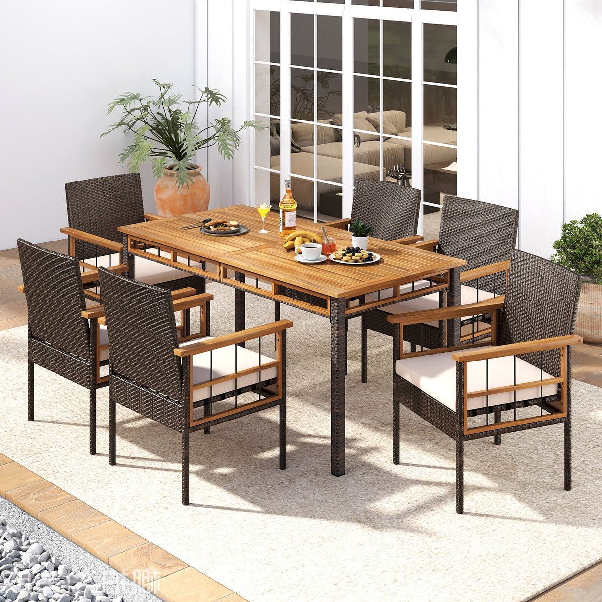 Mesa de comedor de exterior de 63" con tablero de listones de madera de acacia