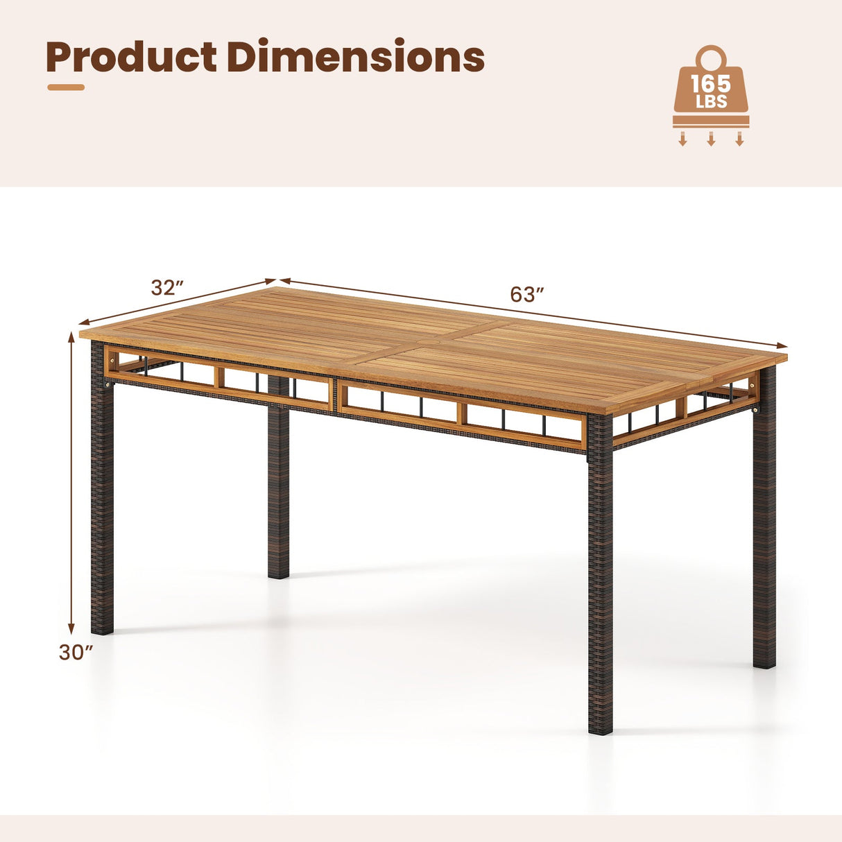 Mesa de comedor de exterior de 63" con tablero de listones de madera de acacia