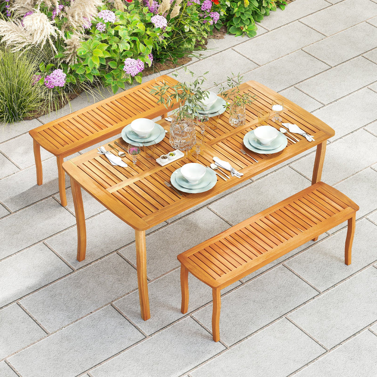 Mesa de comedor de exterior de 63 pulgadas con orificio para sombrilla, muebles de bistró estilo casa de campo