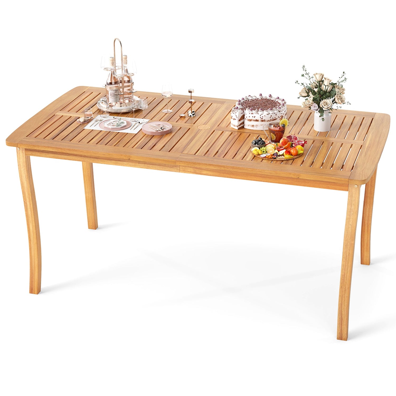 Mesa de comedor de exterior de 63 pulgadas con orificio para sombrilla, muebles de bistró estilo casa de campo