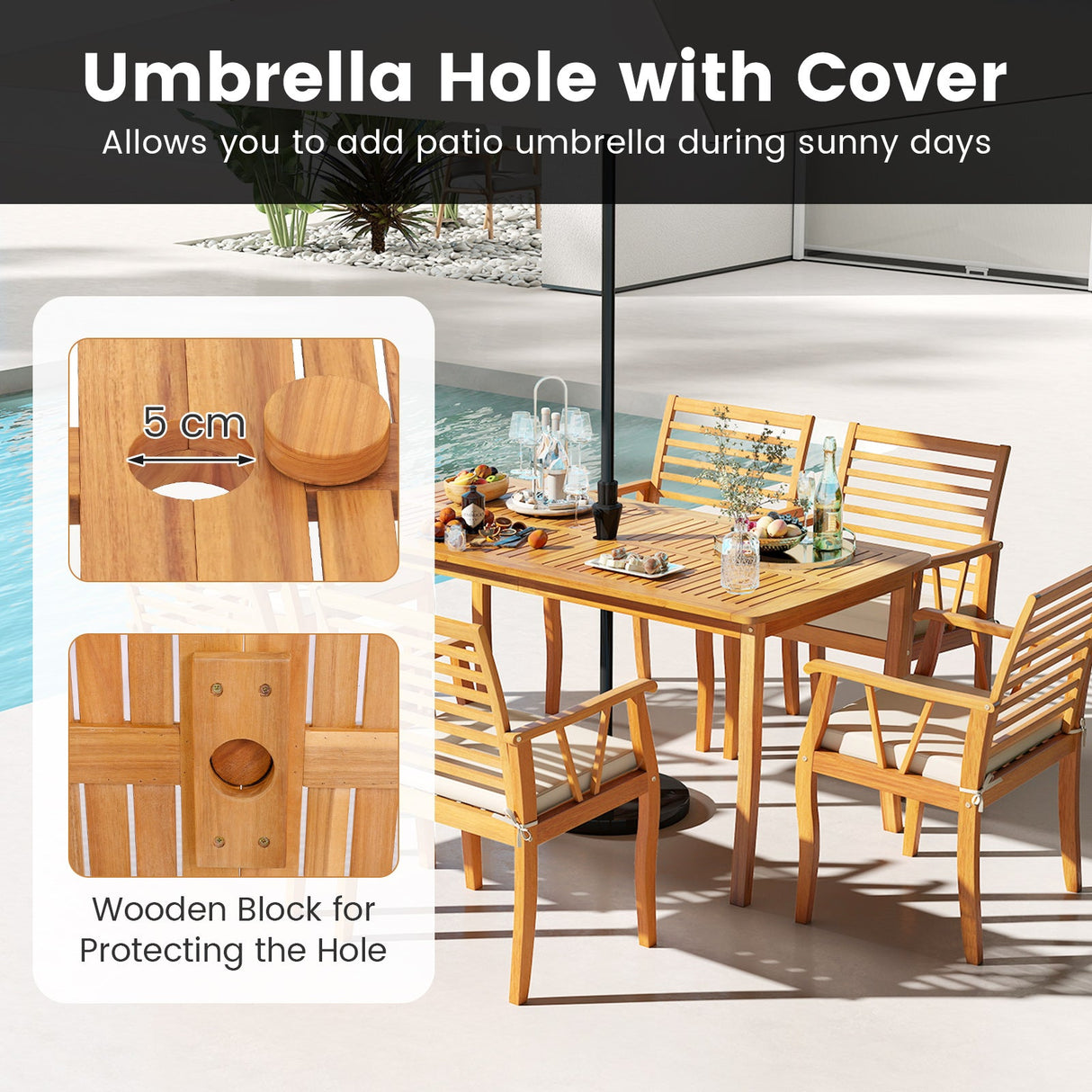 Mesa de comedor de exterior de 63 pulgadas con orificio para sombrilla, muebles de bistró estilo casa de campo