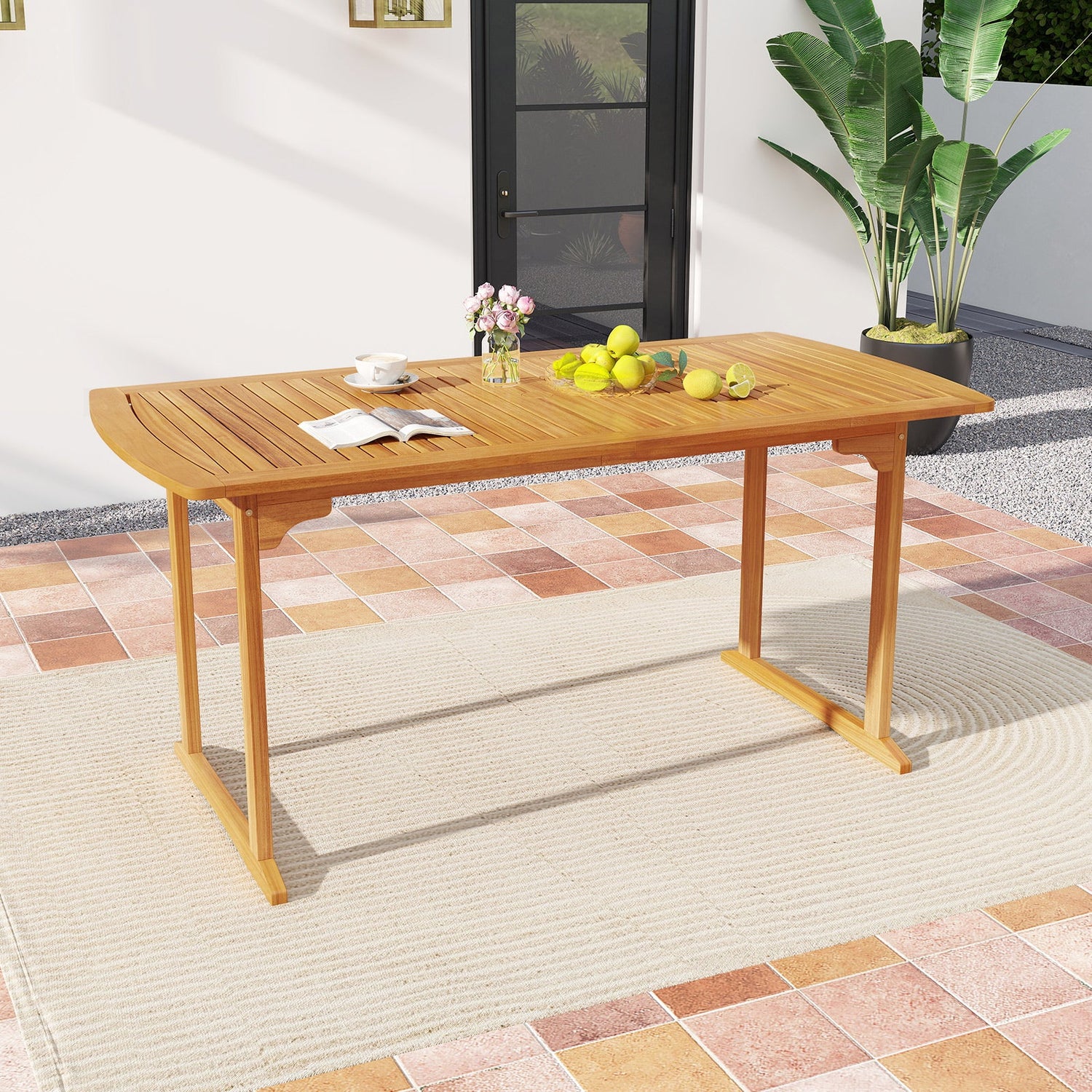 Mesa de comedor de exterior de 160 cm con orificio para sombrilla y tablero de listones