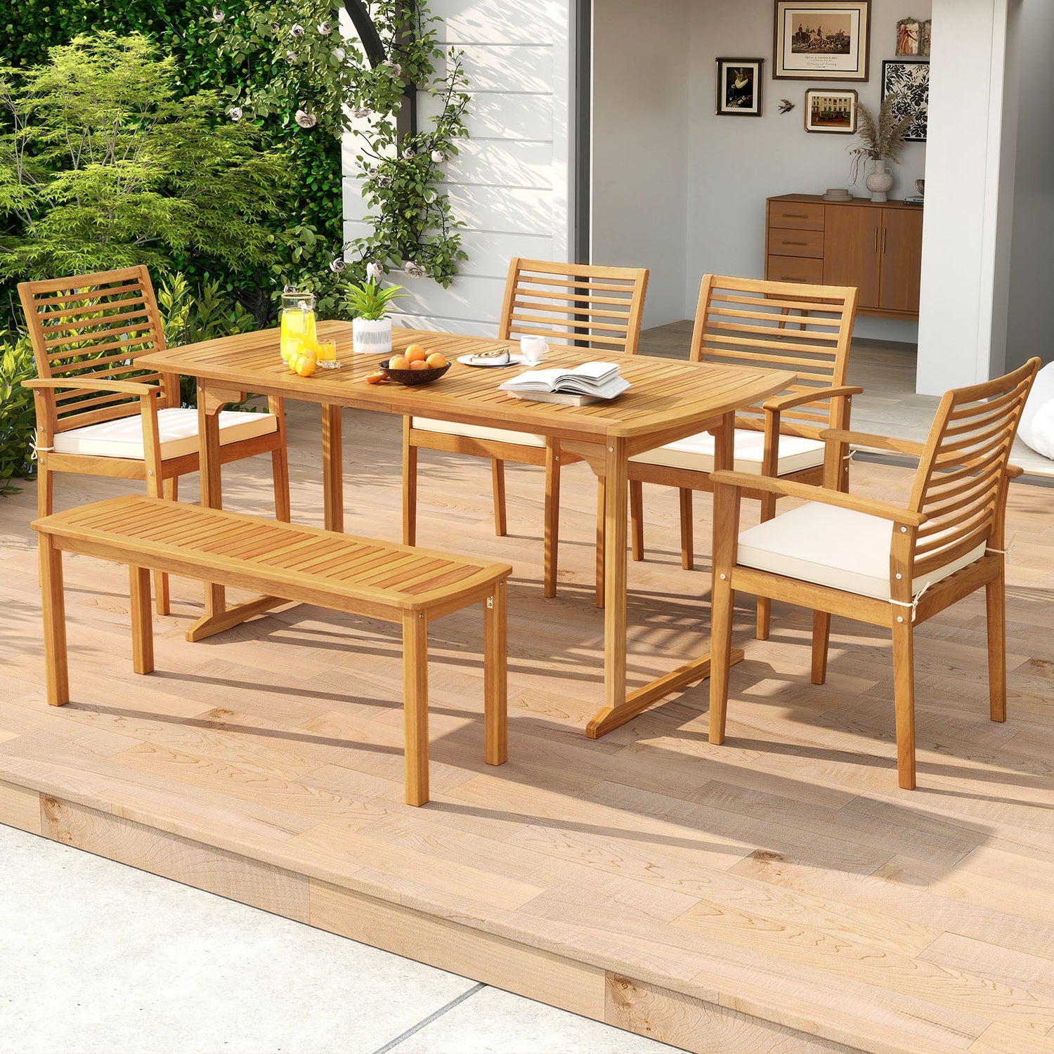 Mesa de comedor de exterior de 160 cm con orificio para sombrilla y tablero de listones