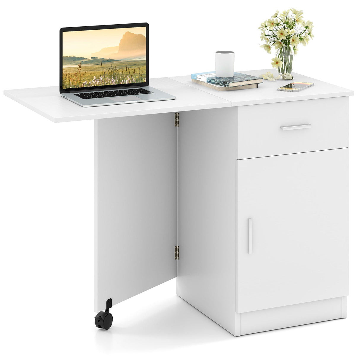 Escritorio plegable para ordenador con cajón, mesa móvil de oficina en casa con armario