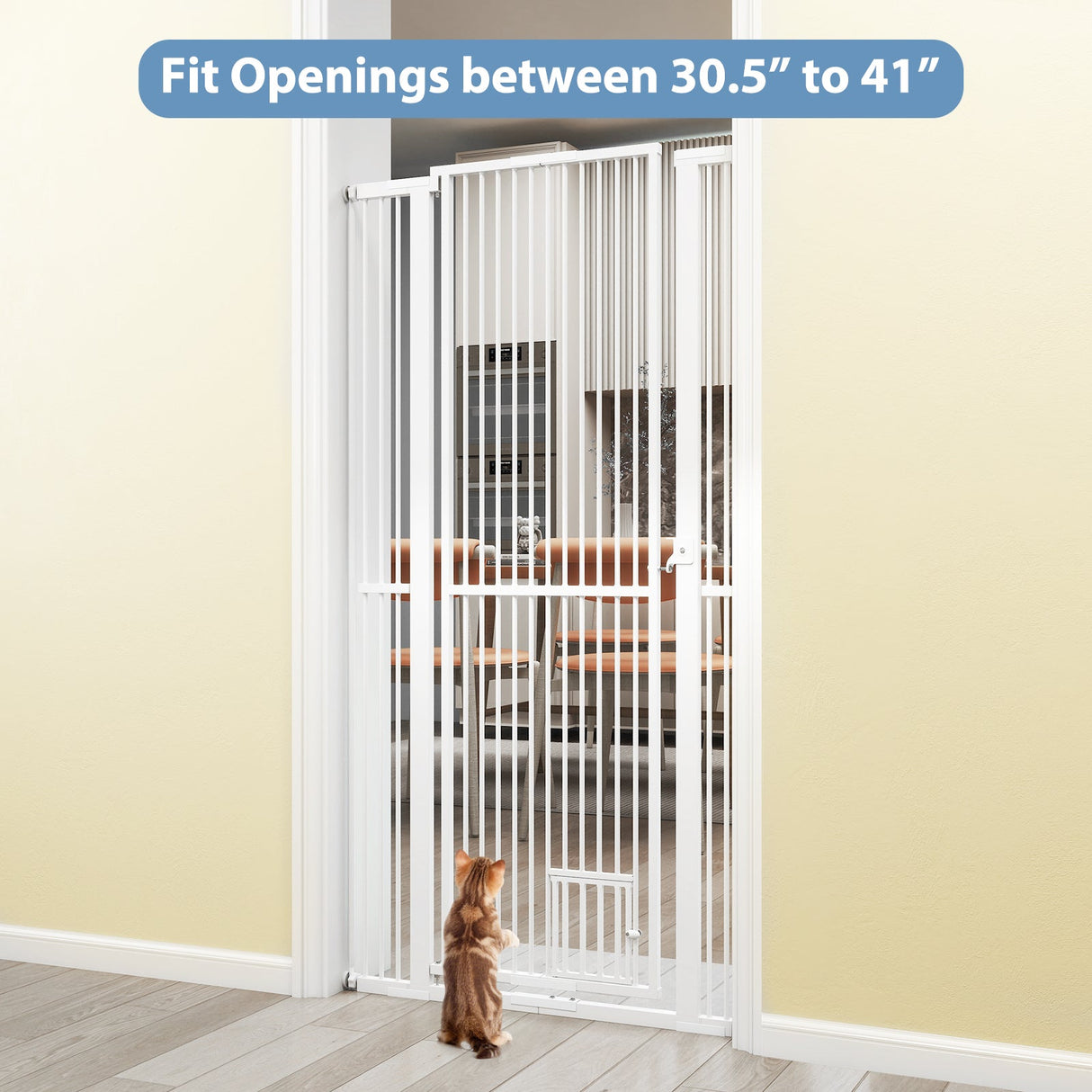 Barrera para mascotas extragrande de 67.5 pulgadas, de metal resistente, para gatos, con abertura de 30.5 a 41 pulgadas de ancho, color blanco.