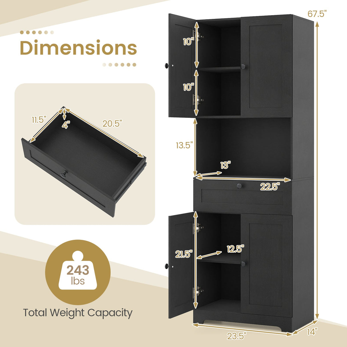 Armario alto moderno de suelo independiente de 171.45 cm con 4 puertas y 1 cajón