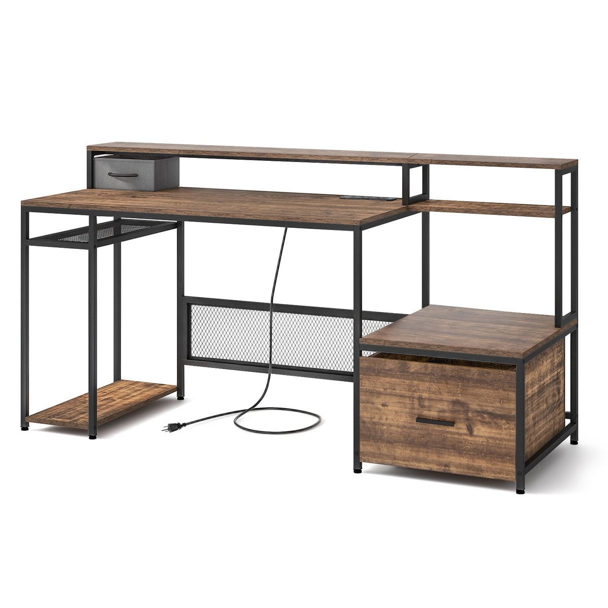 Escritorio de computadora de 67 pulgadas con soporte para monitor y cajón para archivos