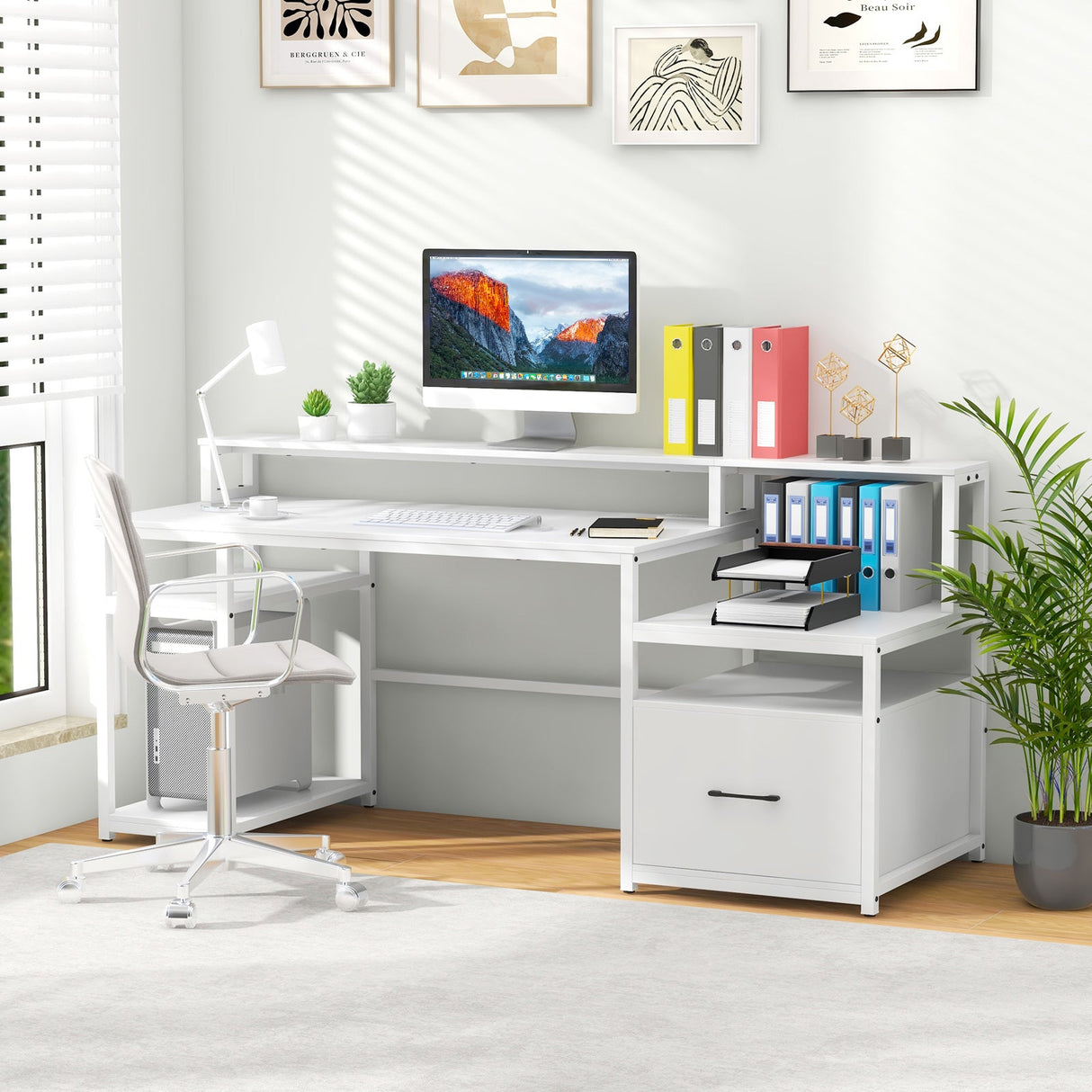 Escritorio de computadora de 67 pulgadas con soporte para monitor y cajón para archivos
