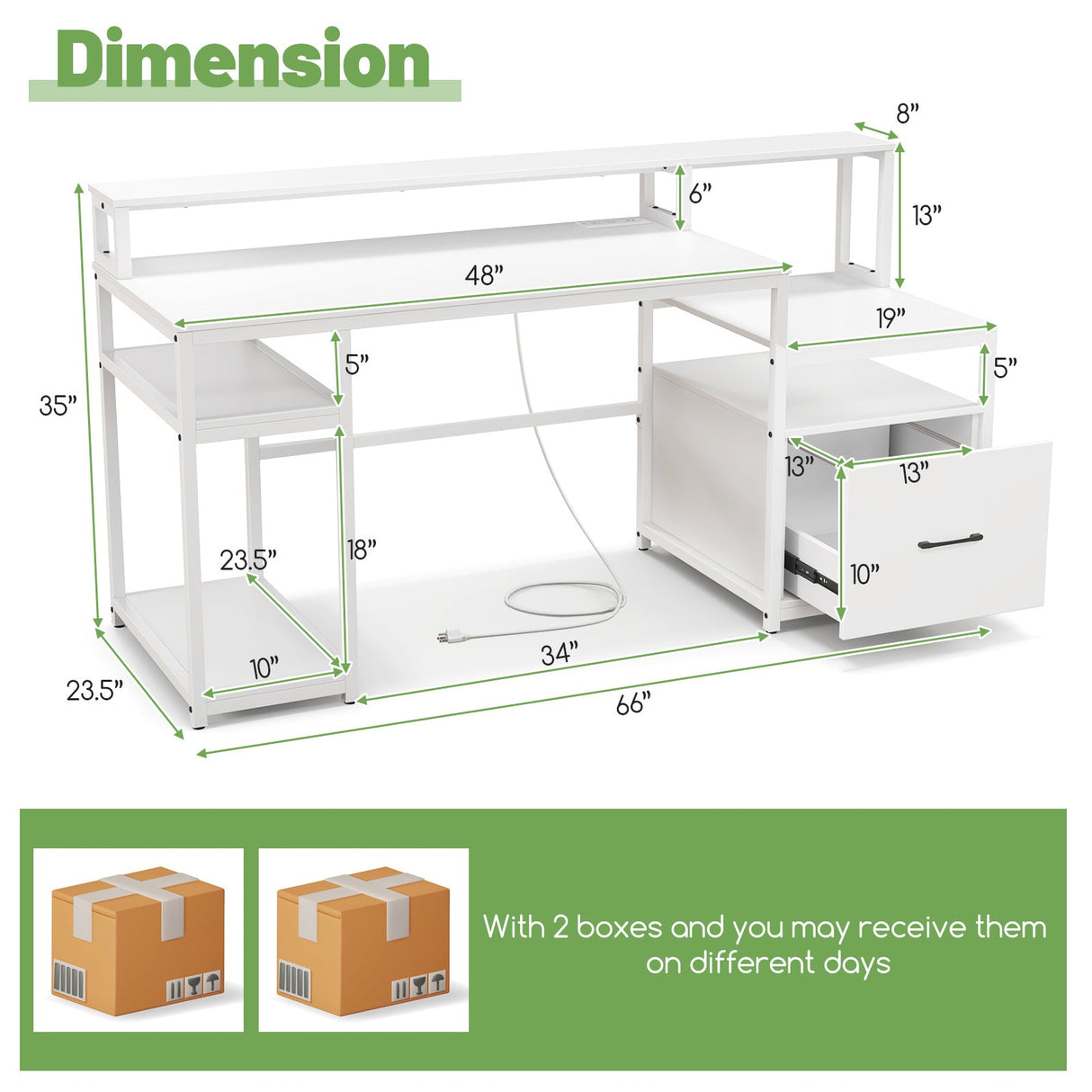 Escritorio de computadora de 67 pulgadas con soporte para monitor y cajón para archivos