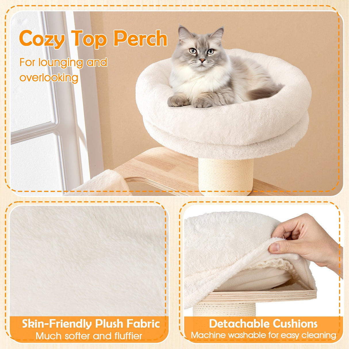 Rascador para gatos de 175 cm de alto con acogedora percha superior y cojines de felpa lavables
