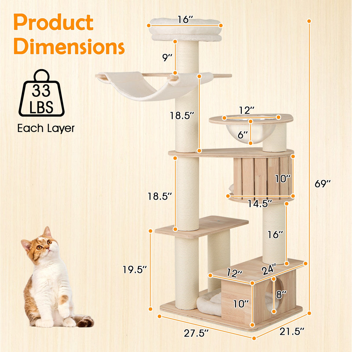 Rascador para gatos de 175 cm de alto con acogedora percha superior y cojines de felpa lavables