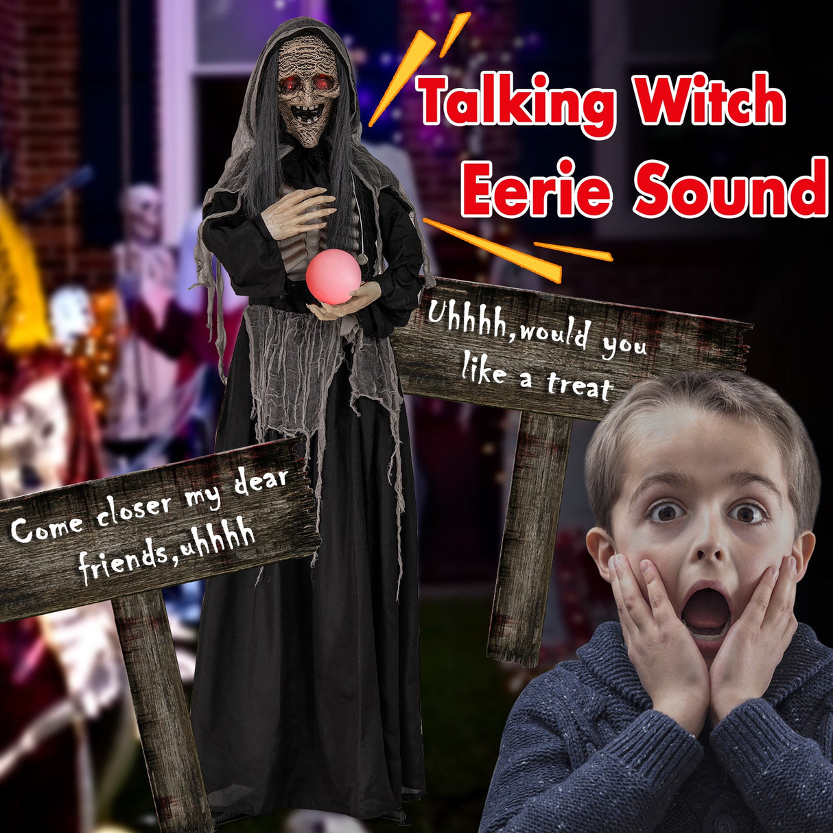 6ft Halloween Animatronics Standing Witch with Light Up Eyes and Magical Ball