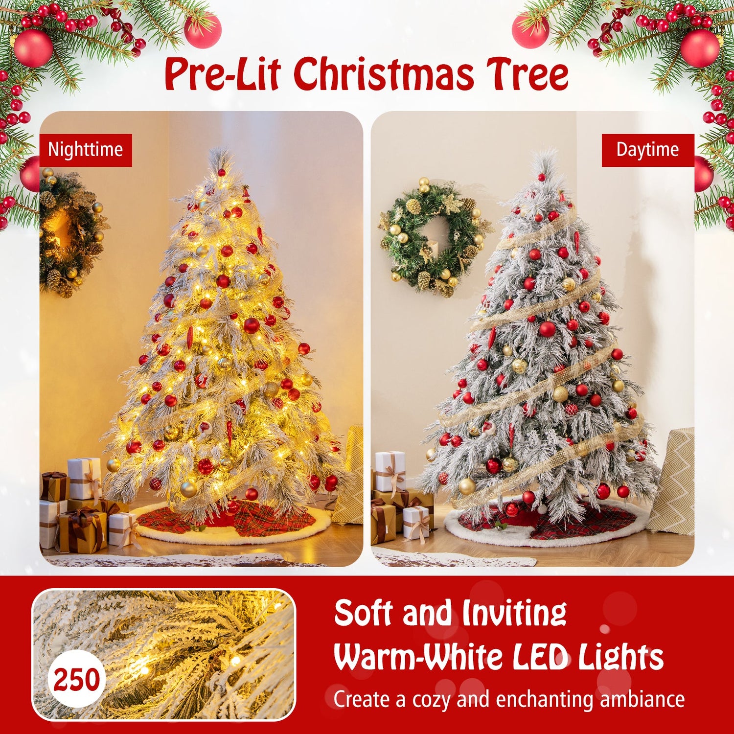 Árbol de Navidad preiluminado de 4.5/6/7 pies con nieve y luces LED cálidas
