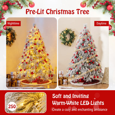 4.5/6/7 Feet Pre-Lit Snow Flocked Christmas Tree with Warm White LED Lights