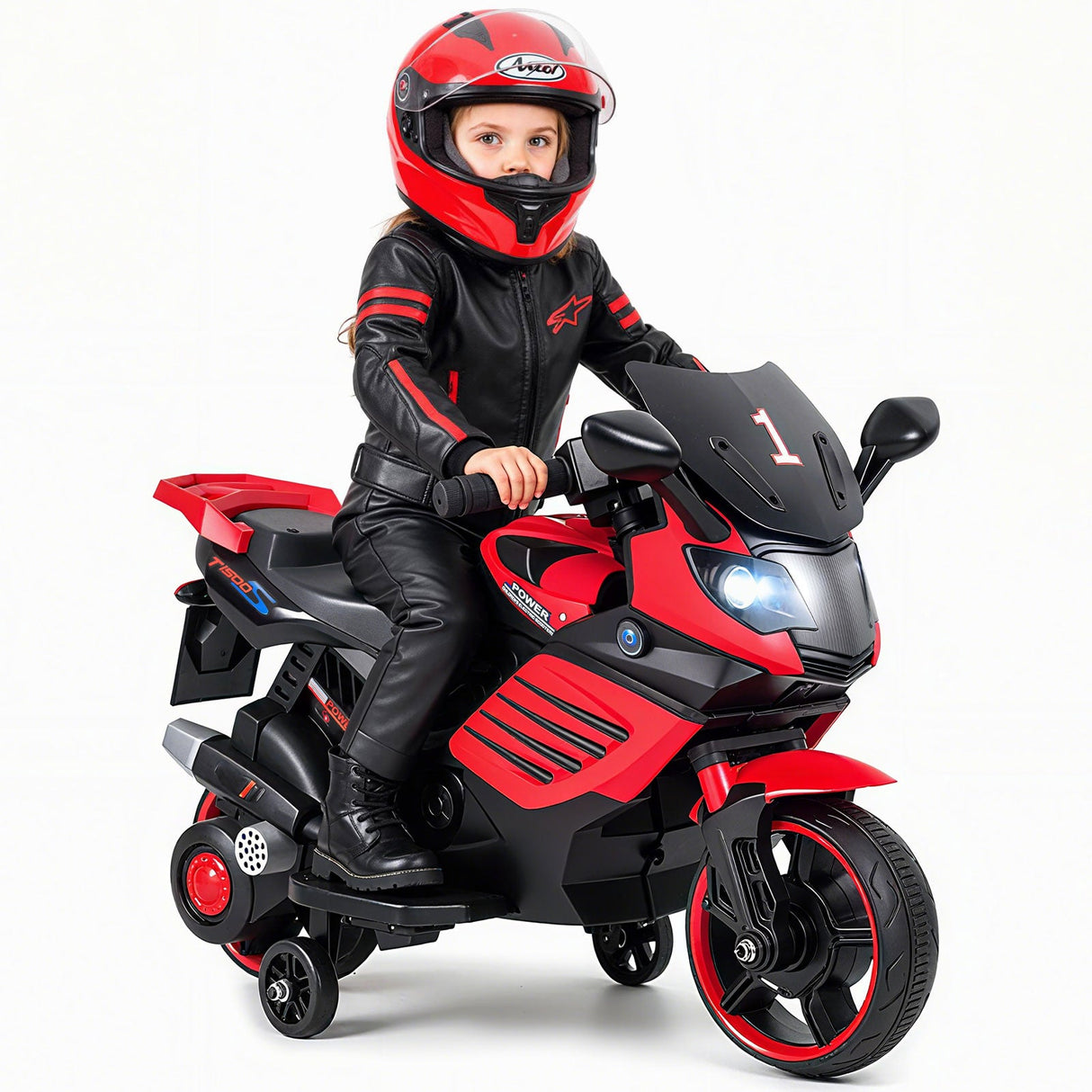 Motocicleta infantil de 6V con faros, música y ruedas de entrenamiento desmontables