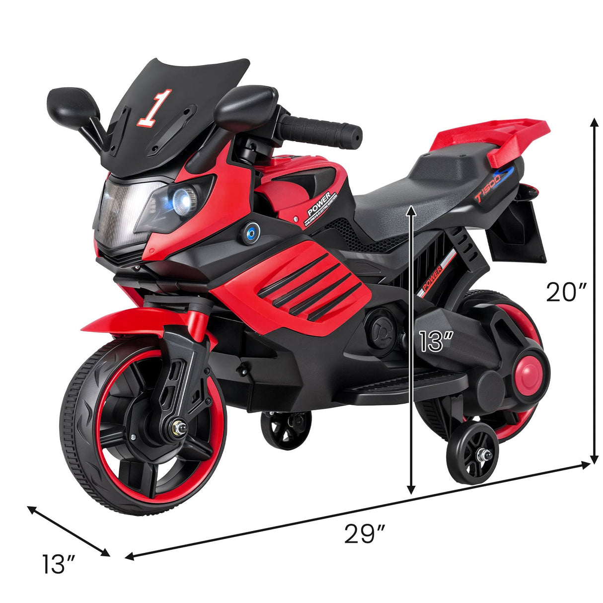 Motocicleta infantil de 6V con faros, música y ruedas de entrenamiento desmontables