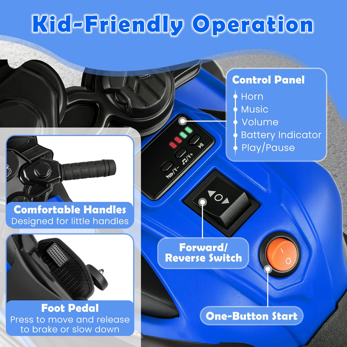 Motocicleta infantil de 6V con faros, música y ruedas de entrenamiento desmontables