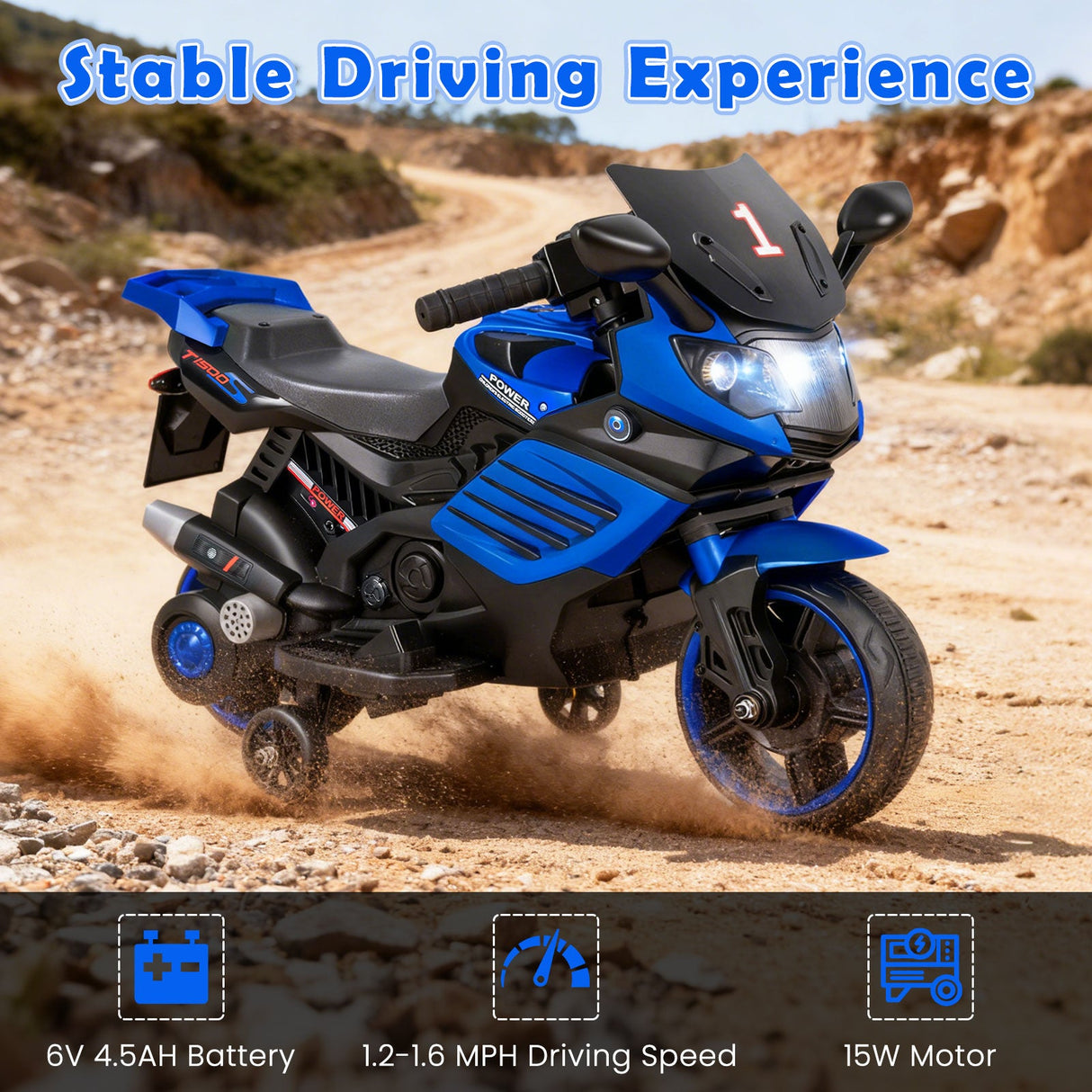 Motocicleta infantil de 6V con faros, música y ruedas de entrenamiento desmontables