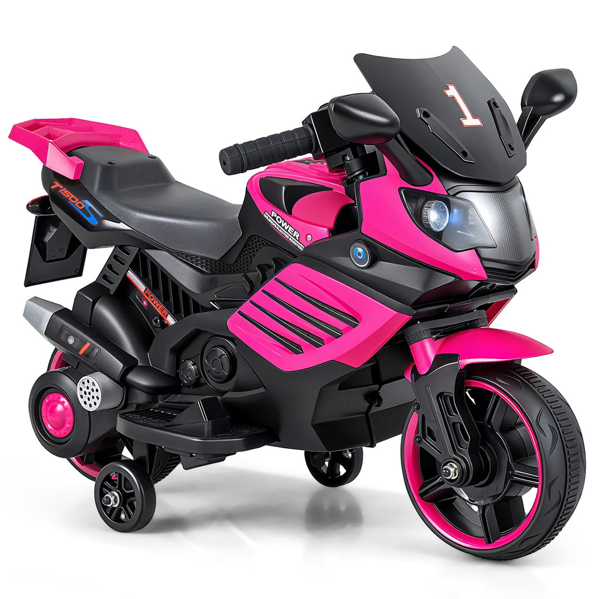 Motocicleta infantil de 6V con faros, música y ruedas de entrenamiento desmontables