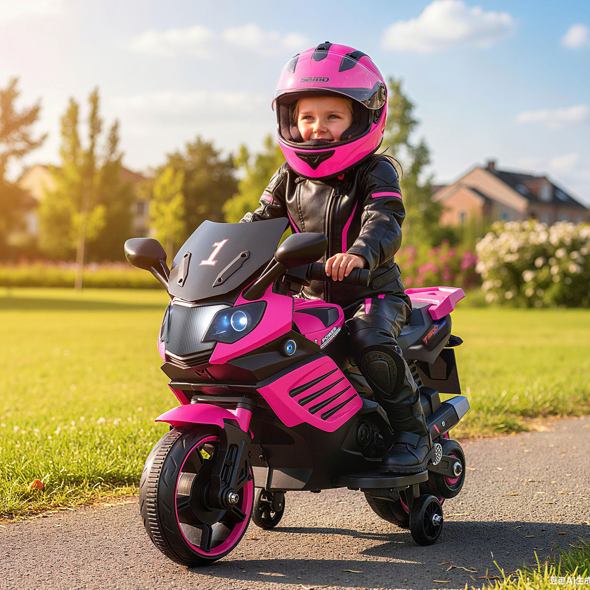 Motocicleta infantil de 6V con faros, música y ruedas de entrenamiento desmontables