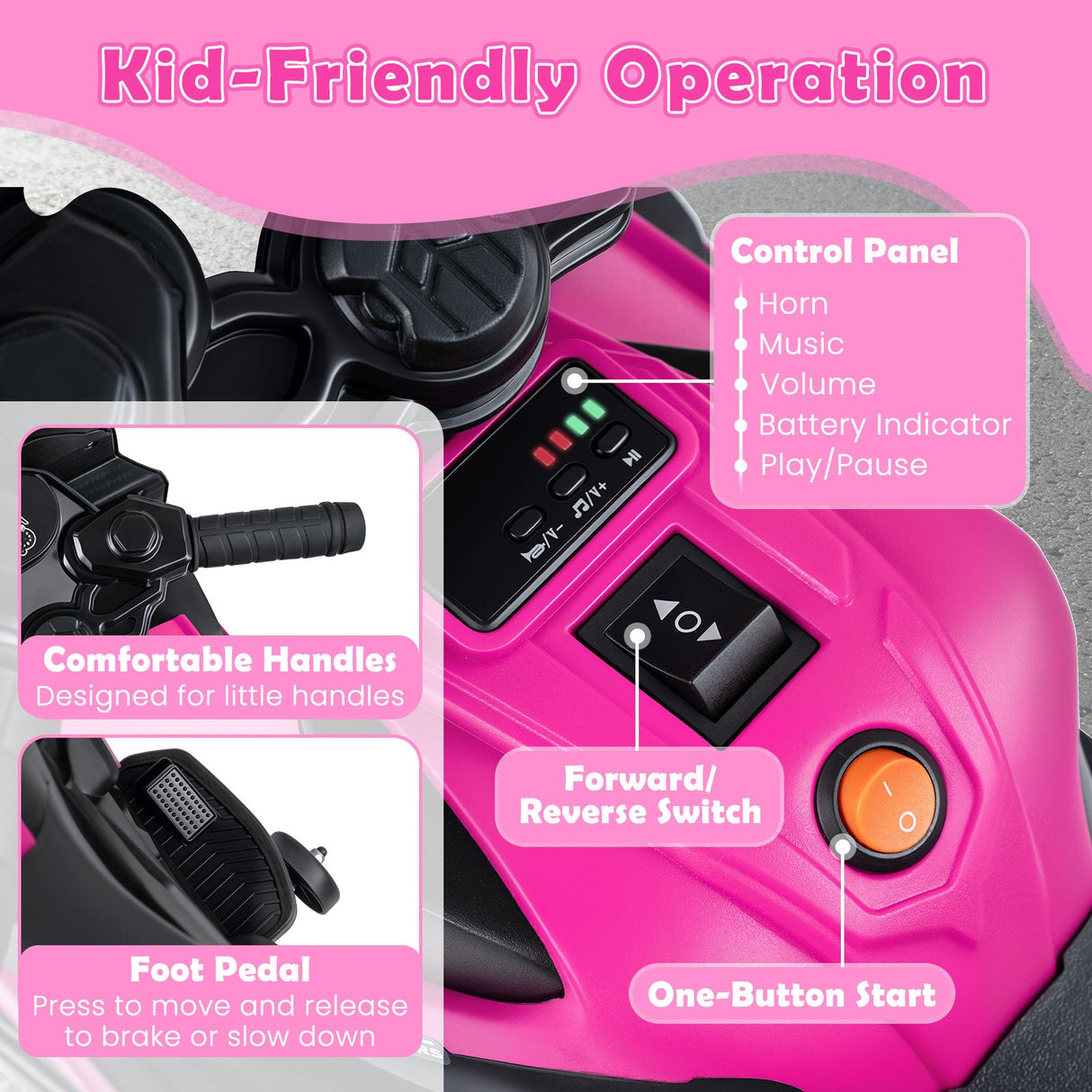 Motocicleta infantil de 6V con faros, música y ruedas de entrenamiento desmontables