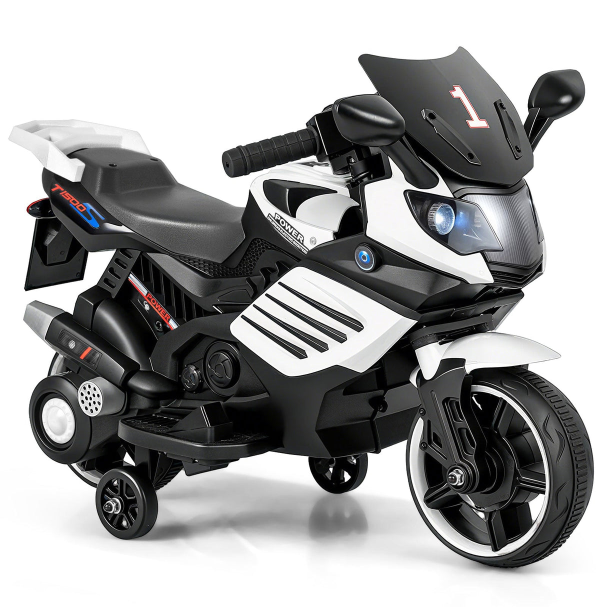 Motocicleta infantil de 6V con faros, música y ruedas de entrenamiento desmontables