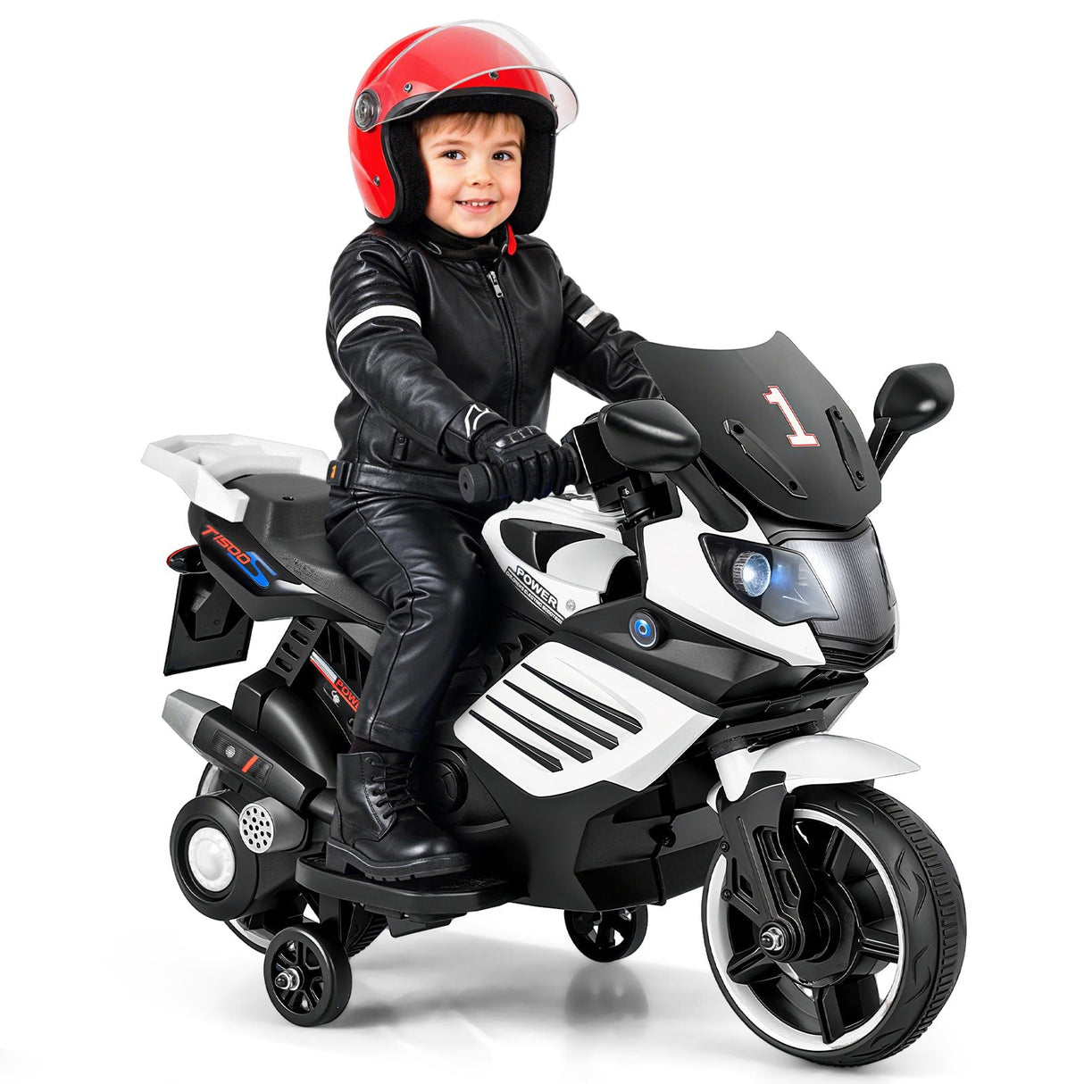 Motocicleta infantil de 6V con faros, música y ruedas de entrenamiento desmontables