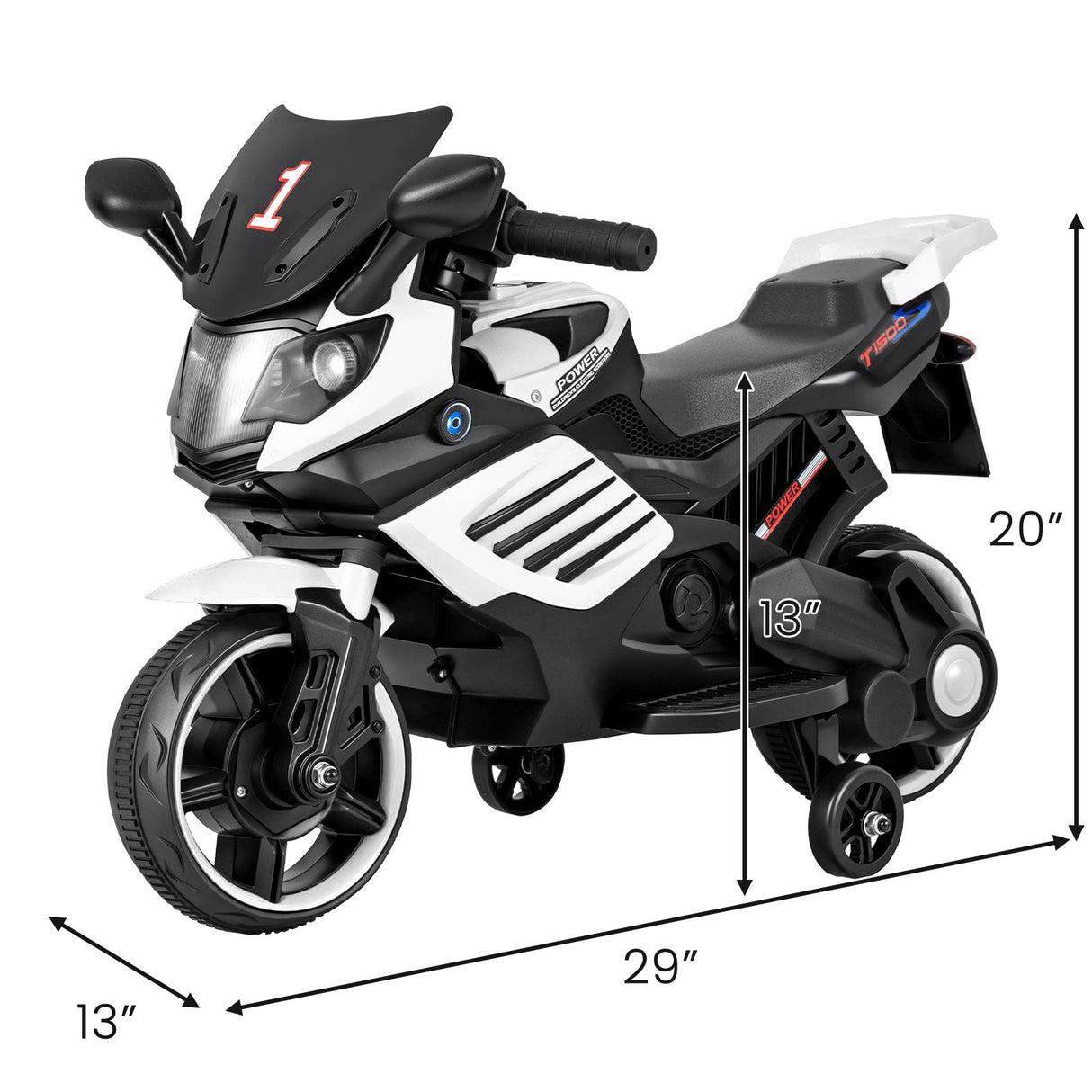 Motocicleta infantil de 6V con faros, música y ruedas de entrenamiento desmontables
