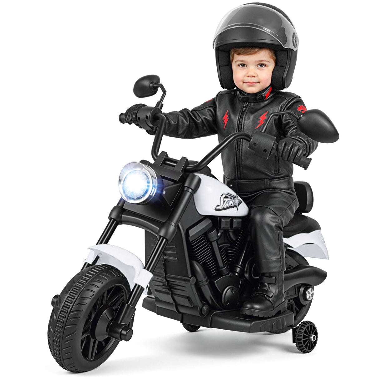 Motocicleta para niños de 6 V con faro, música y ruedas de apoyo