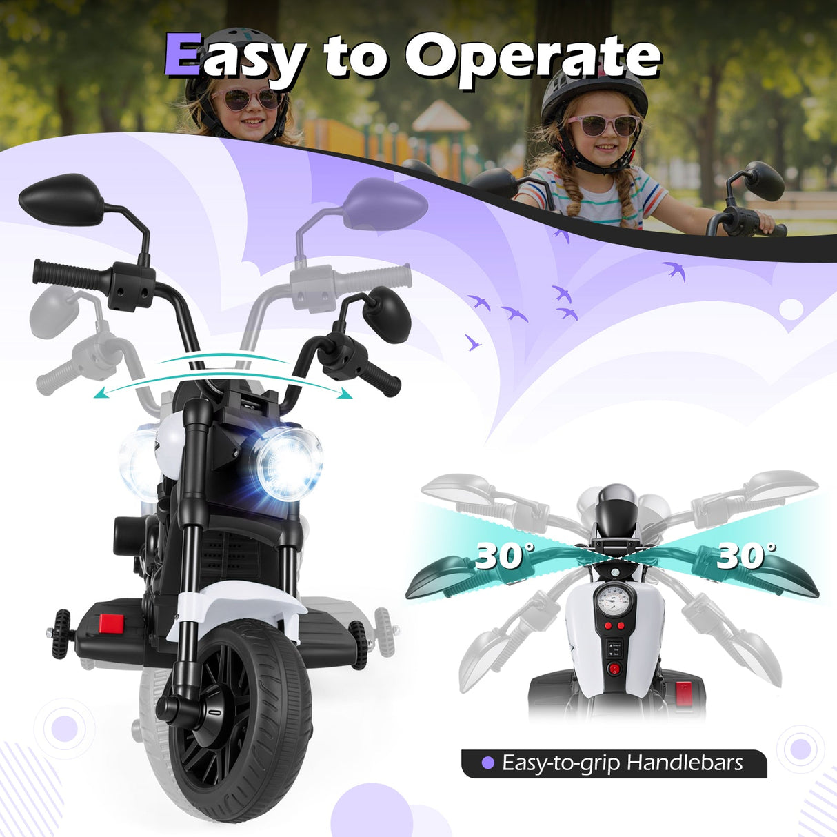 Motocicleta para niños de 6 V con faro, música y ruedas de apoyo