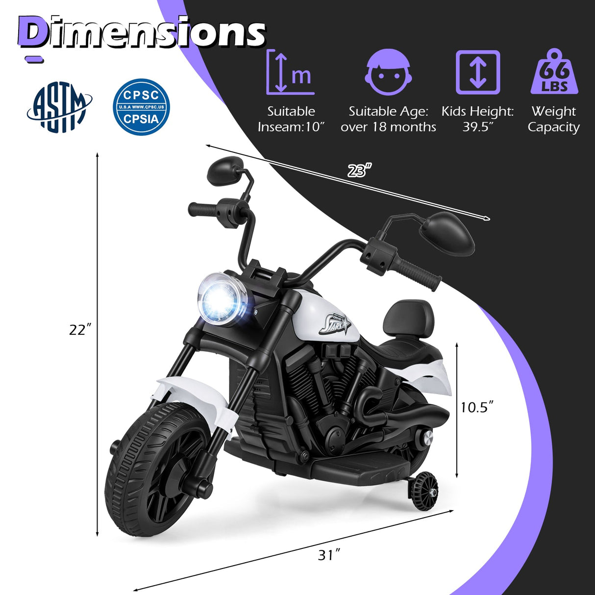 Motocicleta para niños de 6 V con faro, música y ruedas de apoyo