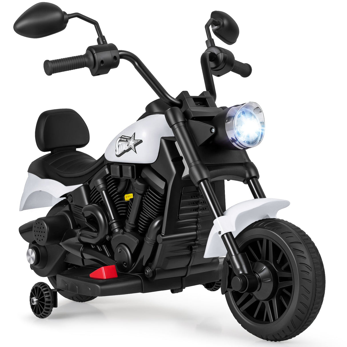 Motocicleta para niños de 6 V con faro, música y ruedas de apoyo