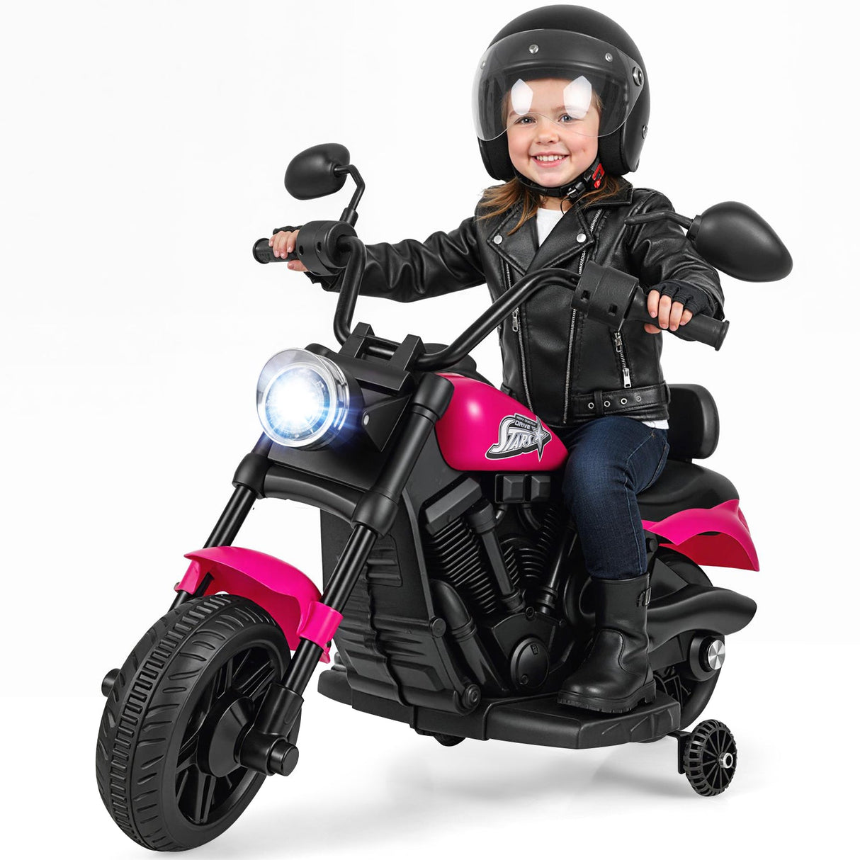 Motocicleta para niños de 6 V con faro, música y ruedas de apoyo
