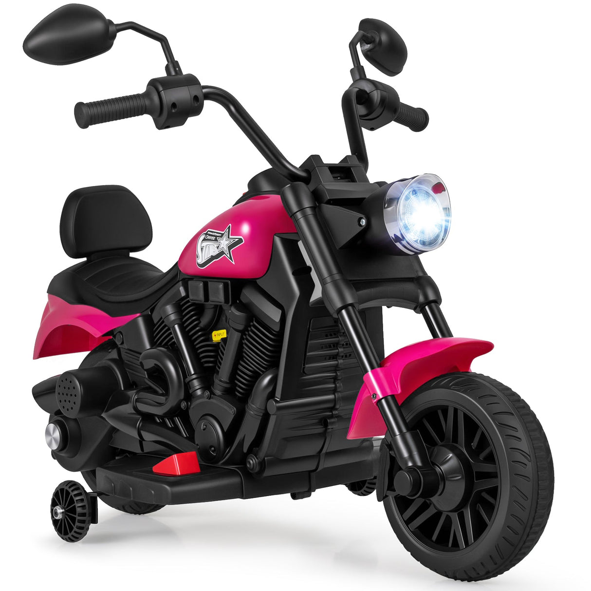 Motocicleta para niños de 6 V con faro, música y ruedas de apoyo