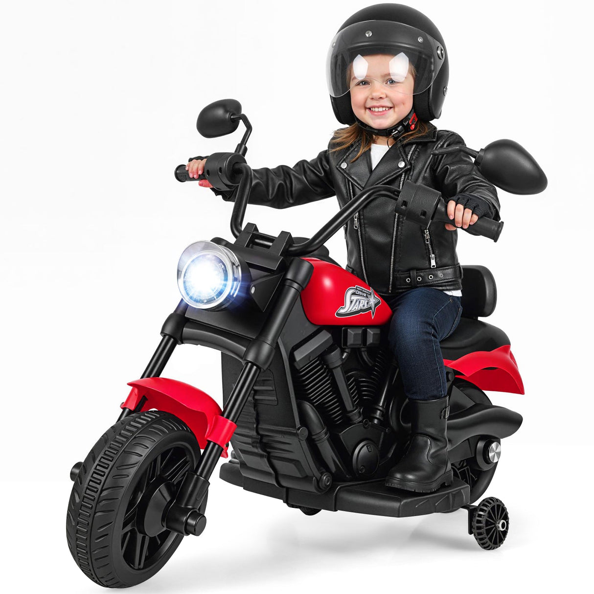 Motocicleta para niños de 6 V con faro, música y ruedas de apoyo
