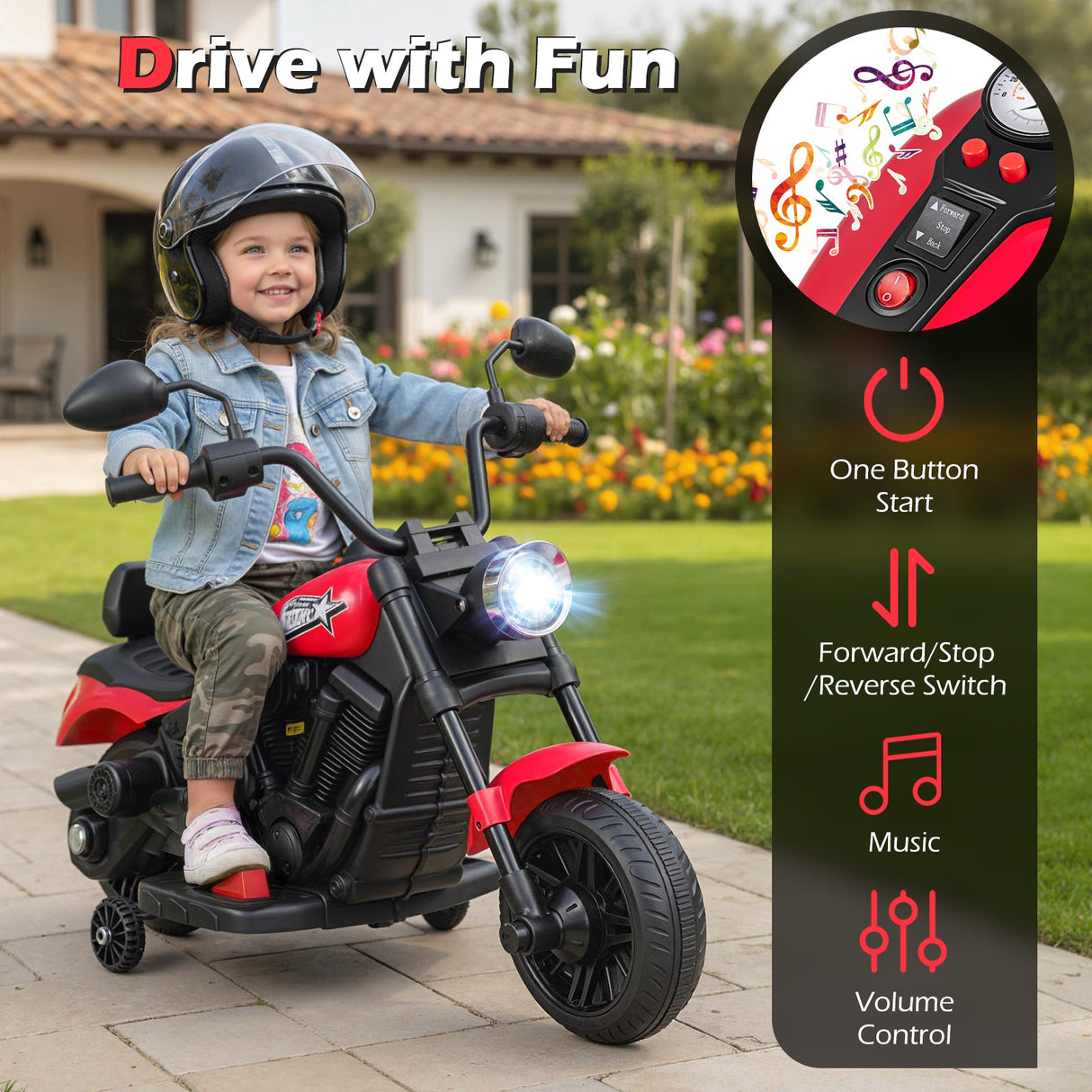 Motocicleta para niños de 6 V con faro, música y ruedas de apoyo