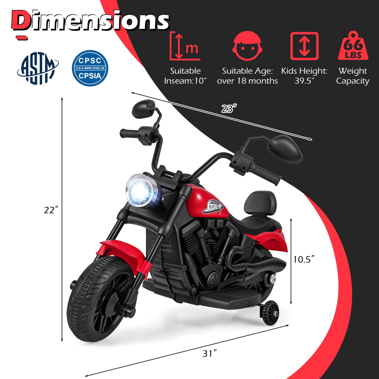 Motocicleta para niños de 6 V con faro, música y ruedas de apoyo