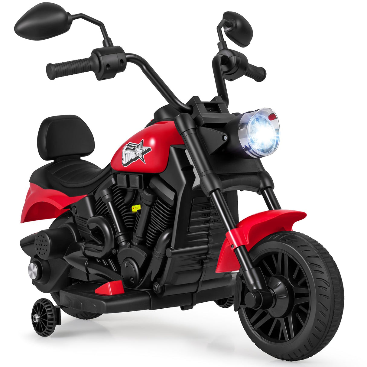 Motocicleta para niños de 6 V con faro, música y ruedas de apoyo