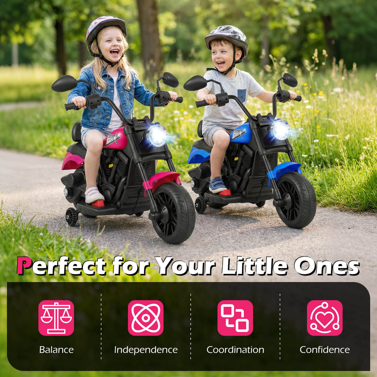 Motocicleta para niños de 6 V con faro, música y ruedas de apoyo