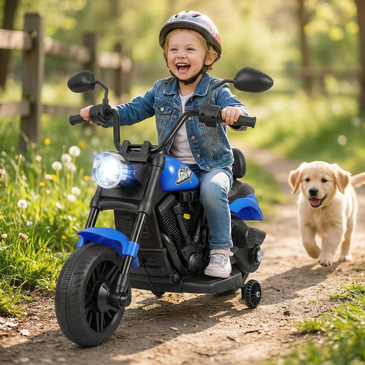 Motocicleta para niños de 6 V con faro, música y ruedas de apoyo