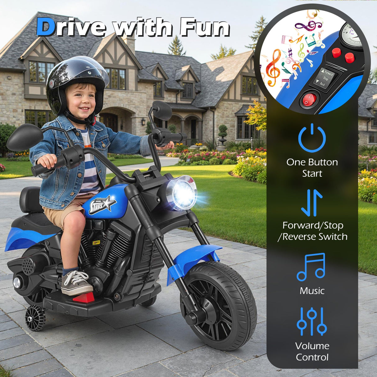 Motocicleta para niños de 6 V con faro, música y ruedas de apoyo