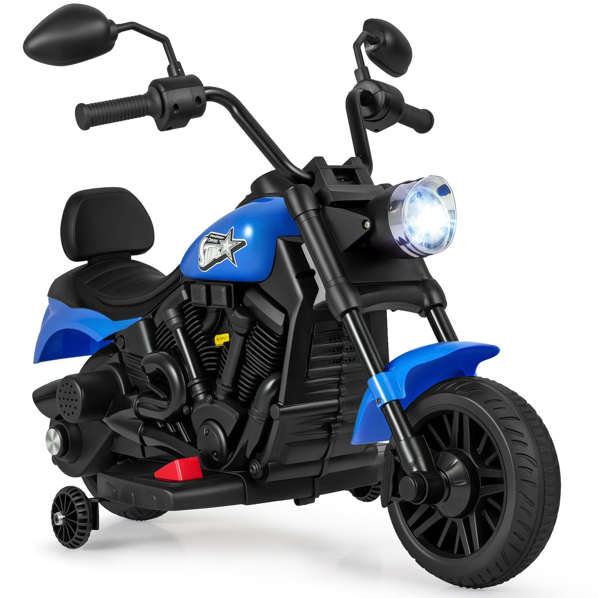 Motocicleta para niños de 6 V con faro, música y ruedas de apoyo