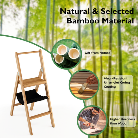 Taburete escalera plegable de bambú de 3 peldaños con bolsa de almacenamiento de herramientas - Natural