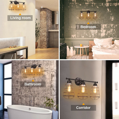 Lámpara de tocador de 3 luces para baño con jaula de metal