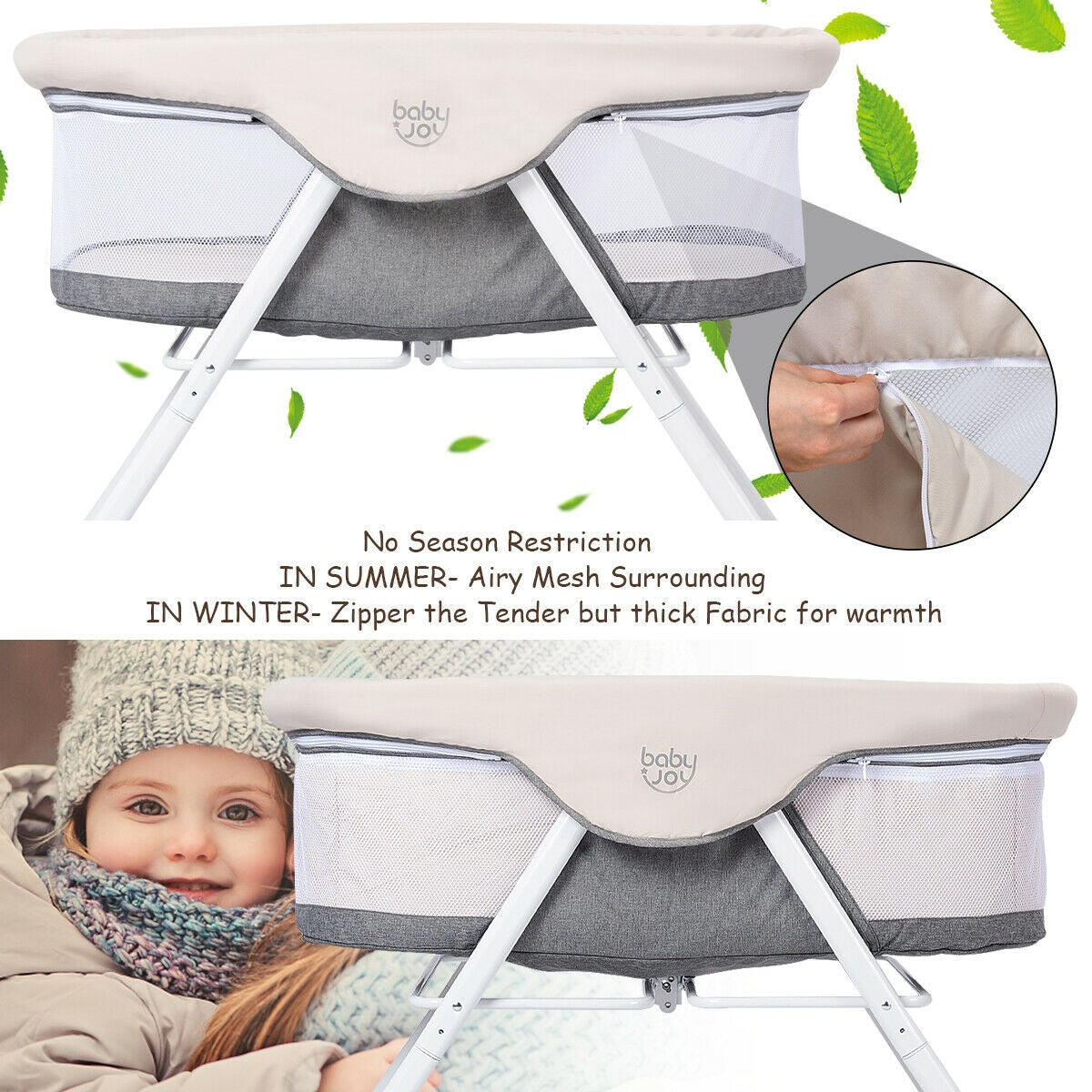 Moisés de bebé balancín portátil plegable para recién nacidos - Gris