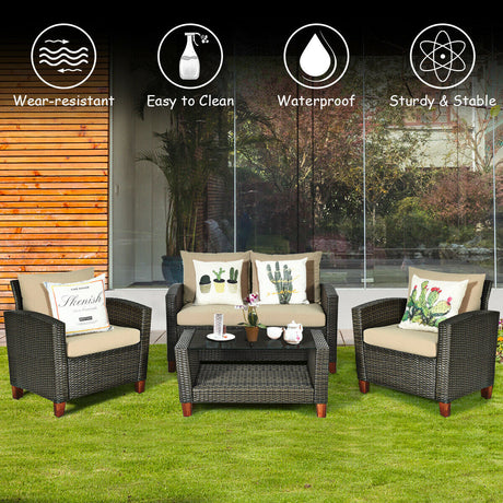 Juego de muebles de jardín de ratán de 4 piezas con cojines