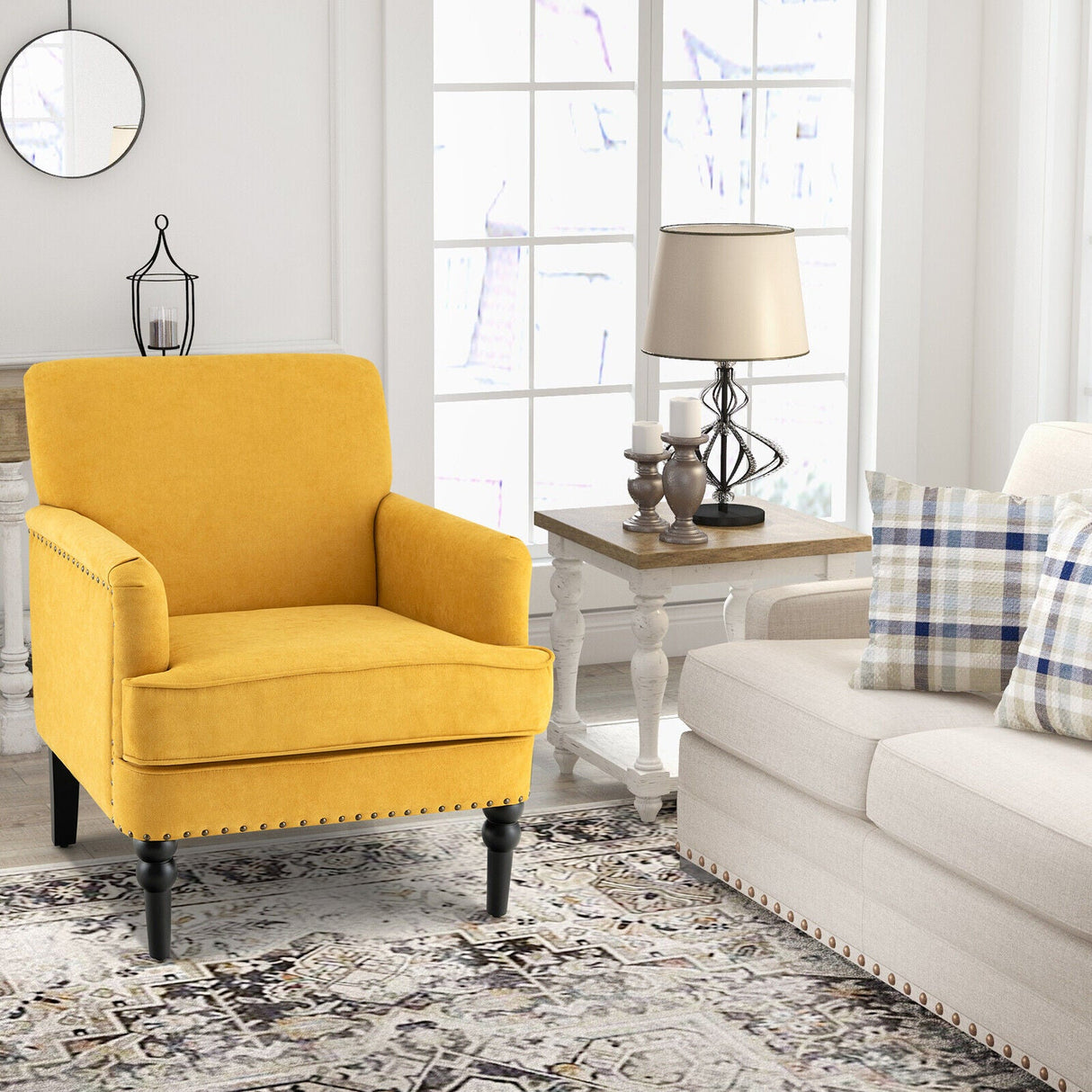 Sillón Moderno Tapizado Acolchado con Patas de Madera de Caucho