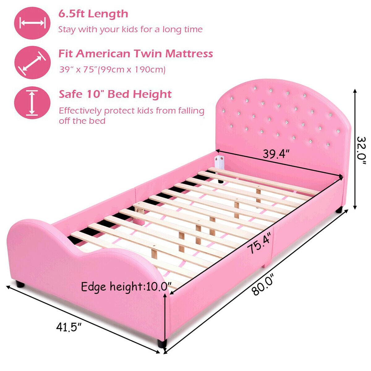 Cama infantil de plataforma tapizada tamaño Twin con soporte de listones de madera