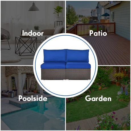 Juego de sofá de ratán para patio de 2 piezas sin reposabrazos con 2 cojines y 2 almohadas